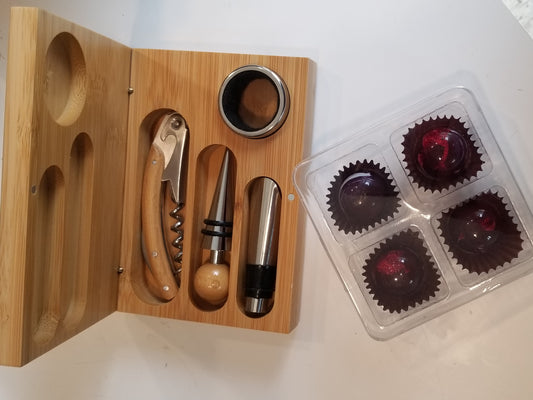 Mother's Day Special - Bamboo Wine Tool Set & 4 piece Artisan Wine Infused Chocolate