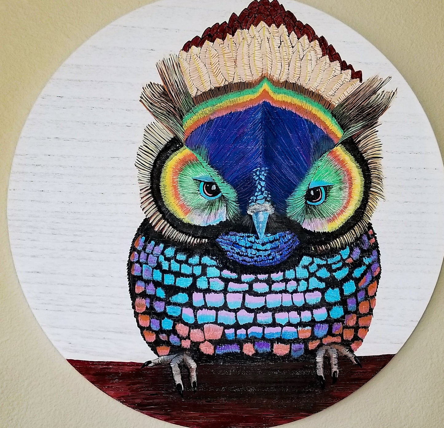 18" Round Wood Panel with Fantasy Owl in Blue & Green Shades