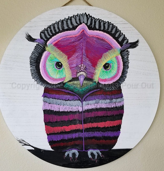 18" Round Wood Panel with Fantasy Owl in Purple Shades