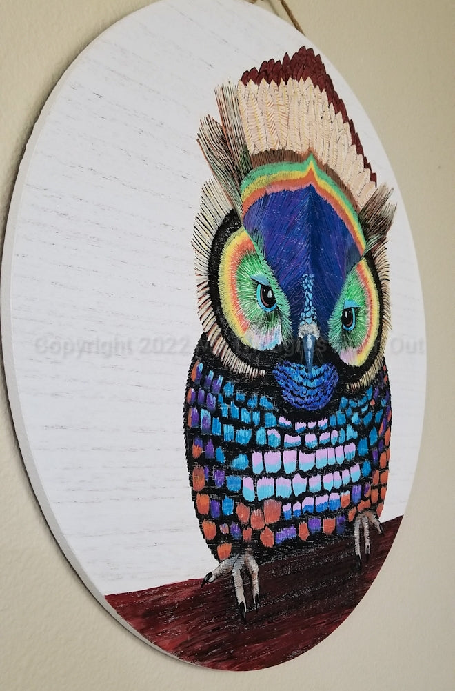 18" Round Wood Panel with Fantasy Owl in Blue & Green Shades
