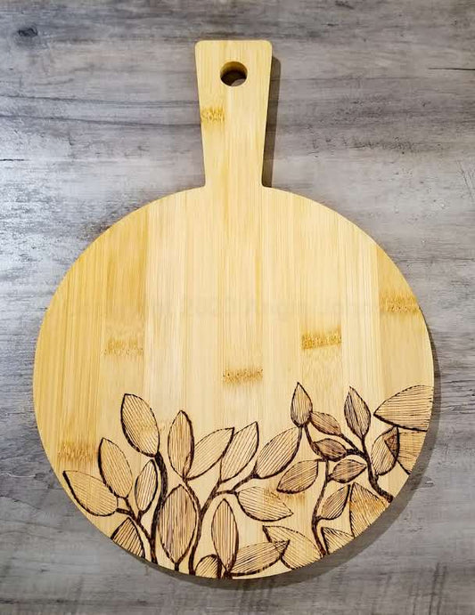 Bamboo Round Cutting/Charcuterie Board - Freehand Burned - "Leaves"