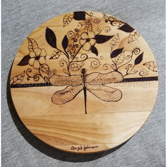 Lazy Susan - Freehand Pyrography - Dragonfly & Leaves