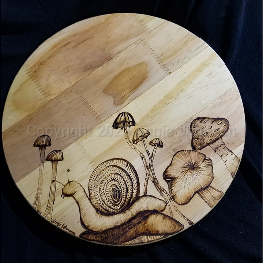 Lazy Susan - Freehand Pyrography - Snail & Mushroom
