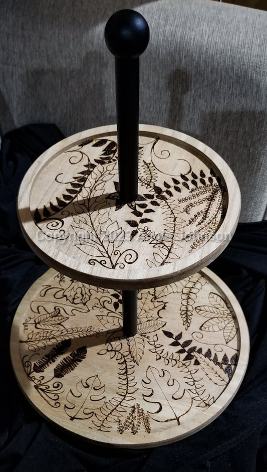 2 Tiered Wood Tray Free Hand Burned - Leaves