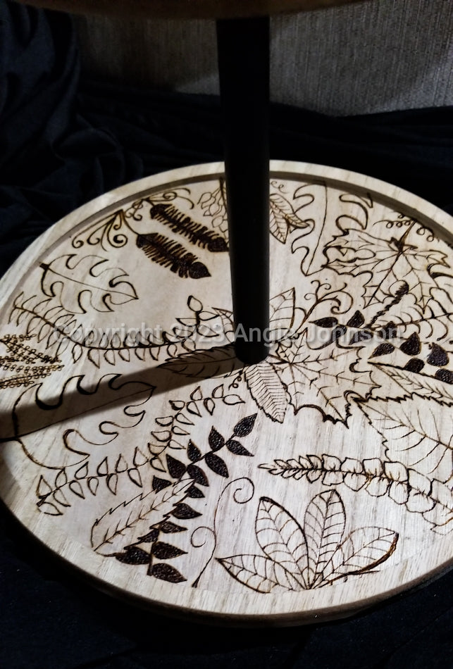 2 Tiered Wood Tray Free Hand Burned - Leaves