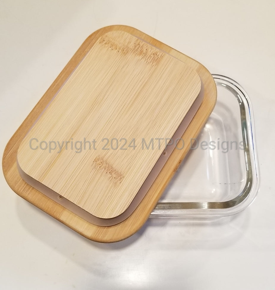 Sold **Rectangle Glass Container with Bamboo Lid with Freehand Burning Design- 12 oz.