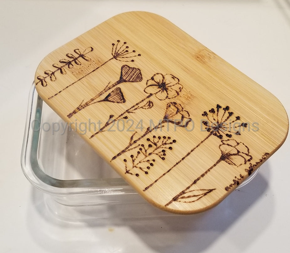 Sold **Rectangle Glass Container with Bamboo Lid with Freehand Burning Design- 12 oz.