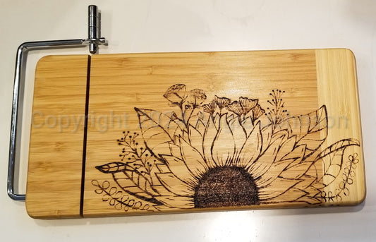 Bamboo Cutting Board/Cheese Slicer with Freehand Burning - Floral Bunch