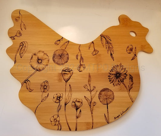Hen Bamboo Charcuterie/Cutting Board with wood burning