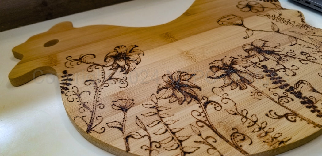 Hen Bamboo Charcuterie/Cutting Board with hand burned wildflowers
