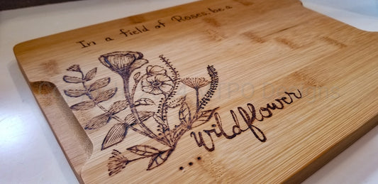Bamboo Cutting Board with Handles - Hand Burned Wildflowers