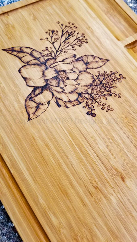 Large Bamboo Cutting Board with 3 dividers - Free Hand Burned Floral