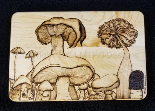 SOLD **Maple Cutting Board 9" x 6" with Free Hand Burning - Mushroom Variety