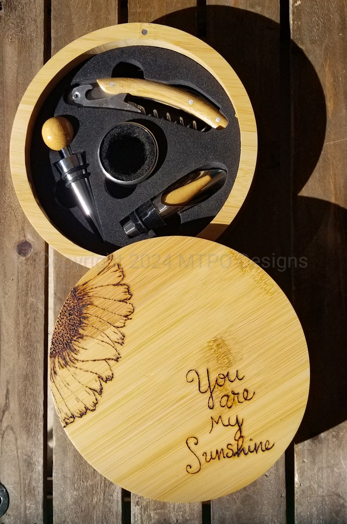 Wine Tool Set in Round Bamboo Case with Free Hand Burning